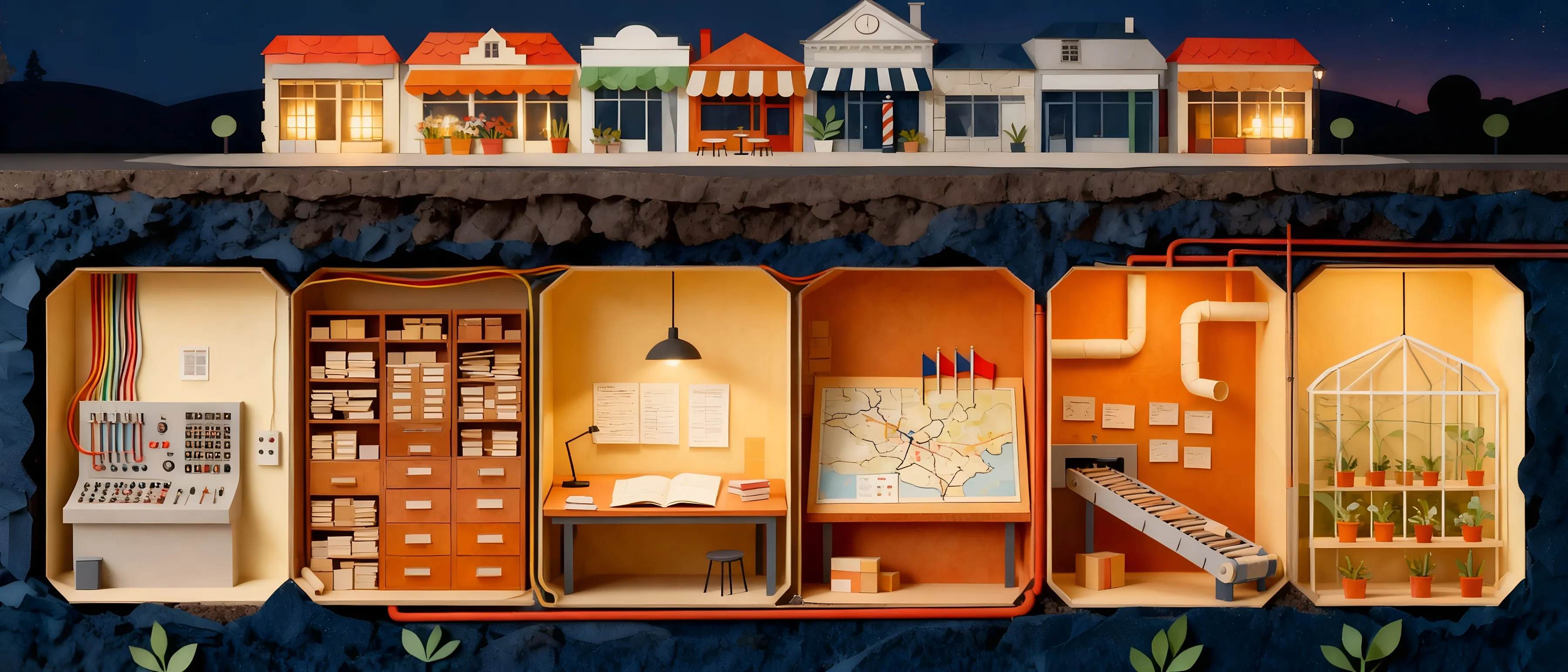 A cut-paper cutaway of a Main Street at night. Beneath the stores, a warm workshop of six rooms: a switchboard where cables come down from every store, an archive of drawers, a reading table of papers and charts, a map room with five flags, a dispatch room sending parcels up into the stores, and a greenhouse.