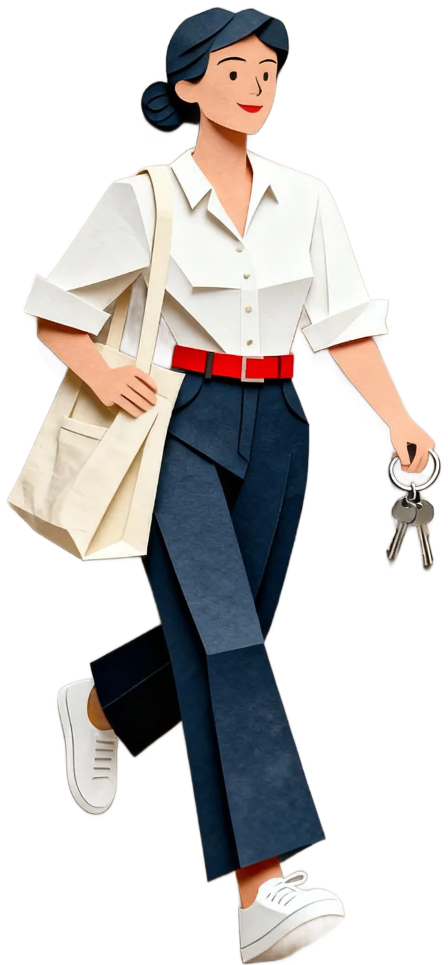 Dana, walking to work with a tote bag and her keys.