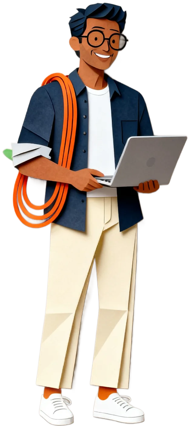 Your growth engineer, a laptop under one arm and a coil of cable over his shoulder.