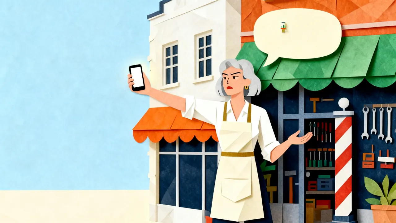 A shop owner in an apron stands outside her hardware store, frowning at the phone in her outstretched hand, her other palm turned up, under an empty speech bubble.