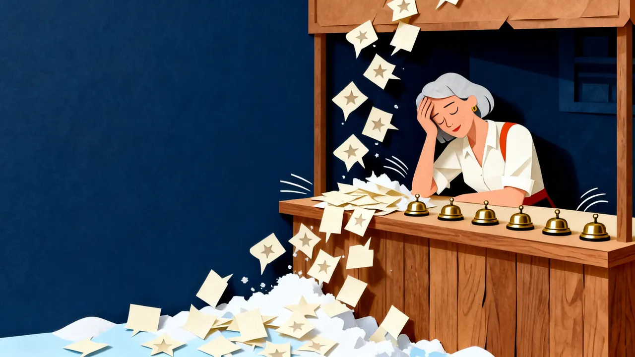 A shop owner behind her wooden counter holds her head, eyes closed, as paper review cards pour down around her and a row of service bells rings.