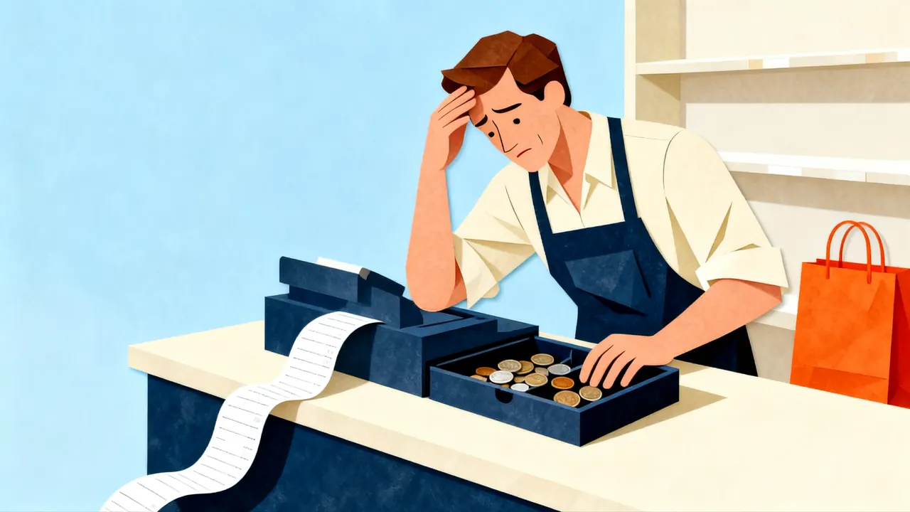 A worried shop owner checks a few coins in the cash drawer after a busy sale, with a long receipt across the counter.
