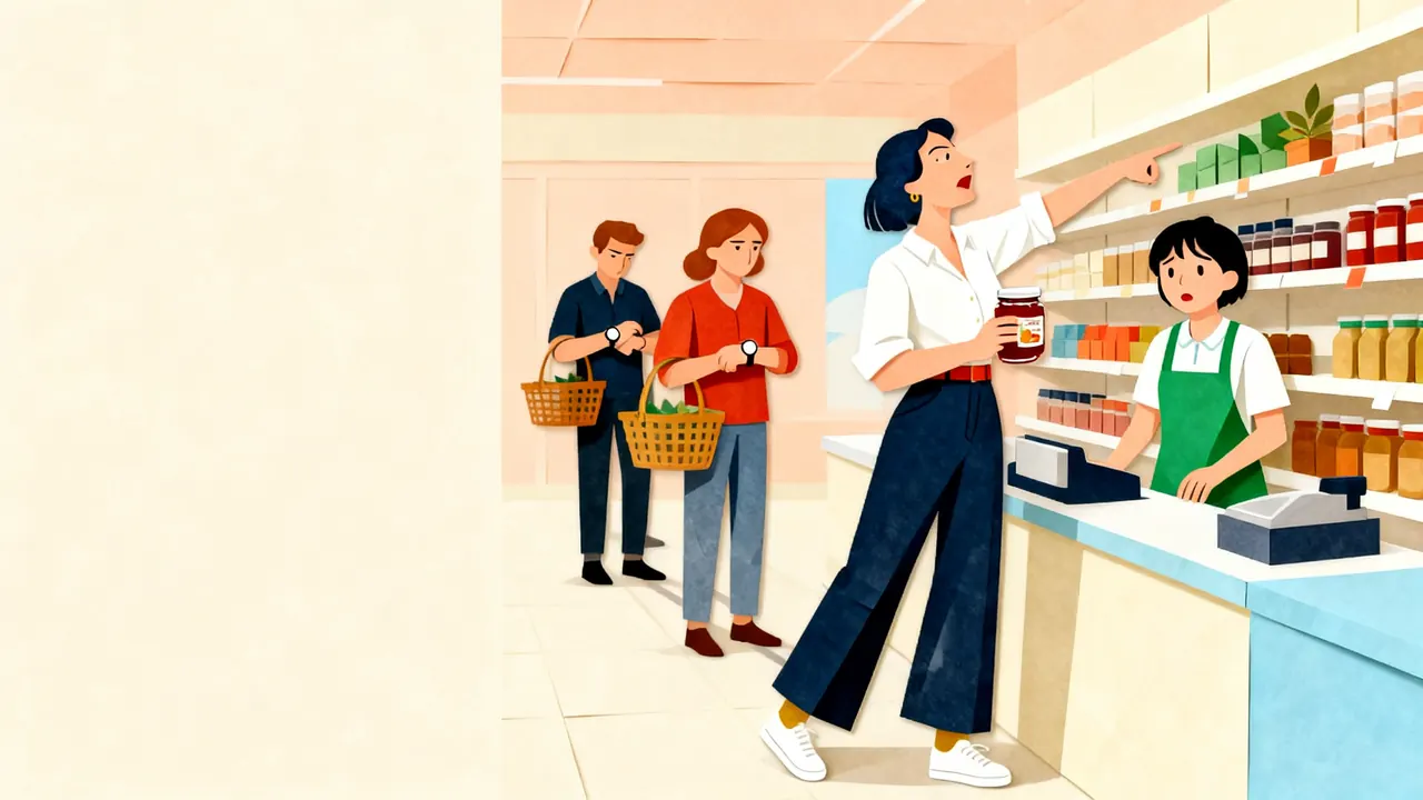 An annoyed shopper at a grocery checkout points back at the shelf while a flustered cashier apologizes and a line waits.