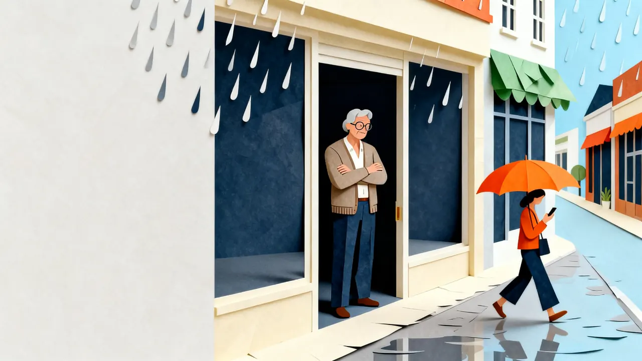 A shop owner stands in his empty doorway as a shopper with an orange umbrella walks past on her phone, heading to another store.