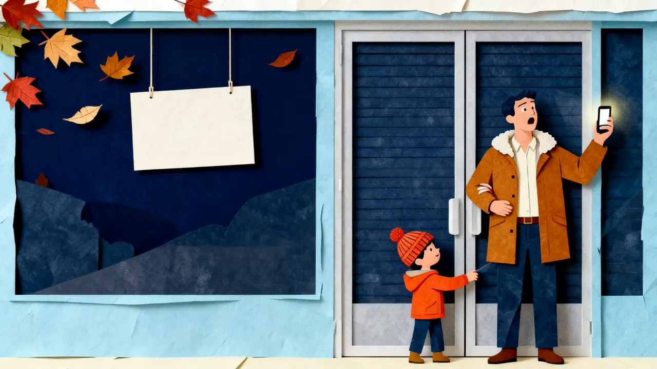 A dad and his child at the dark, locked door of a small shop on a holiday evening, the dad staring at his phone in disbelief.