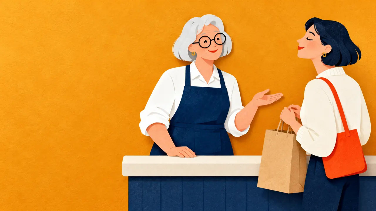 A shopkeeper makes a friendly, tentative request to a customer holding a shopping bag at the counter.