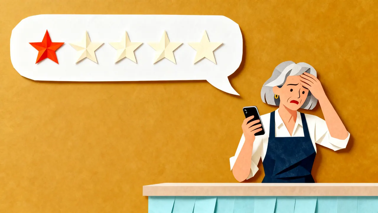 A shop owner behind her counter stares at her phone in hurt disbelief, under a speech bubble with one star out of five.