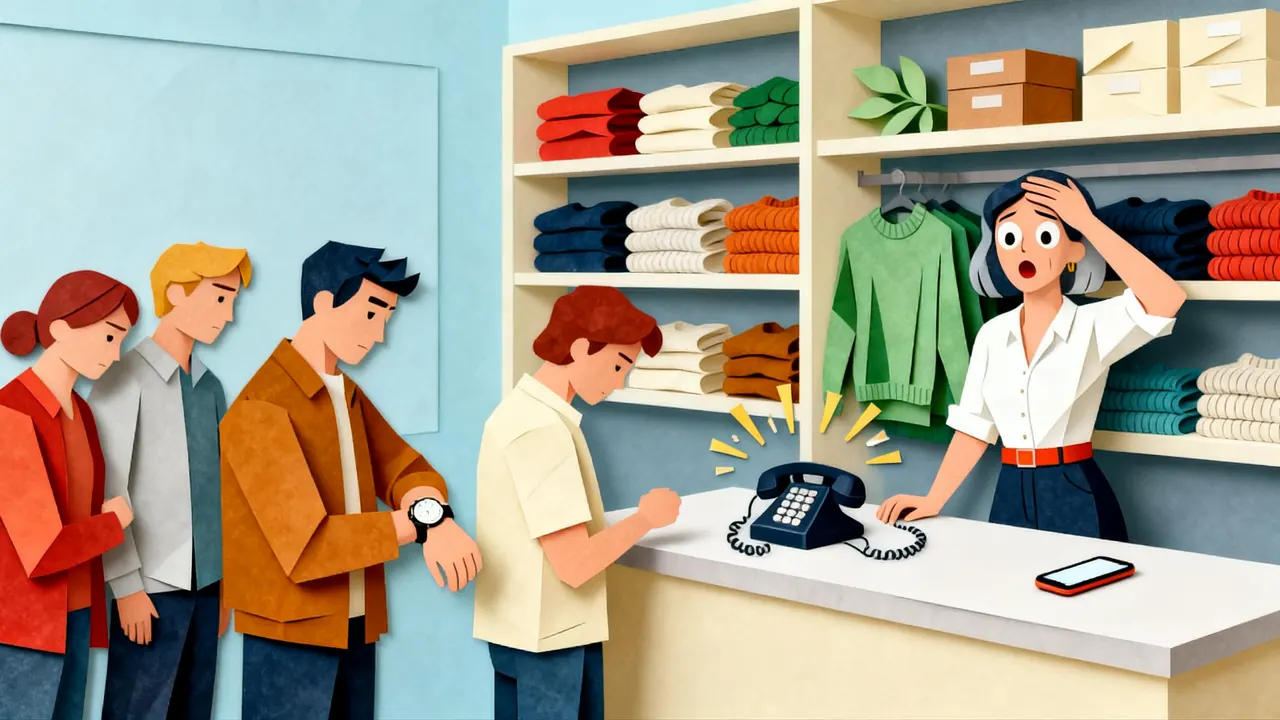 A store manager behind the counter of a clothing shop clutches her forehead as the desk phone rings, while a line of customers waits and one checks his watch.