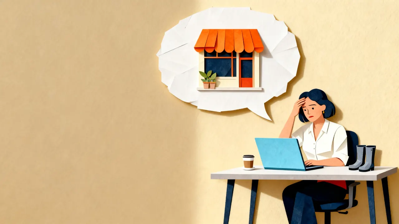 A marketing lead at her desk presses a hand to her forehead, staring at her laptop under a paper speech bubble that holds a rival shop with an orange awning.