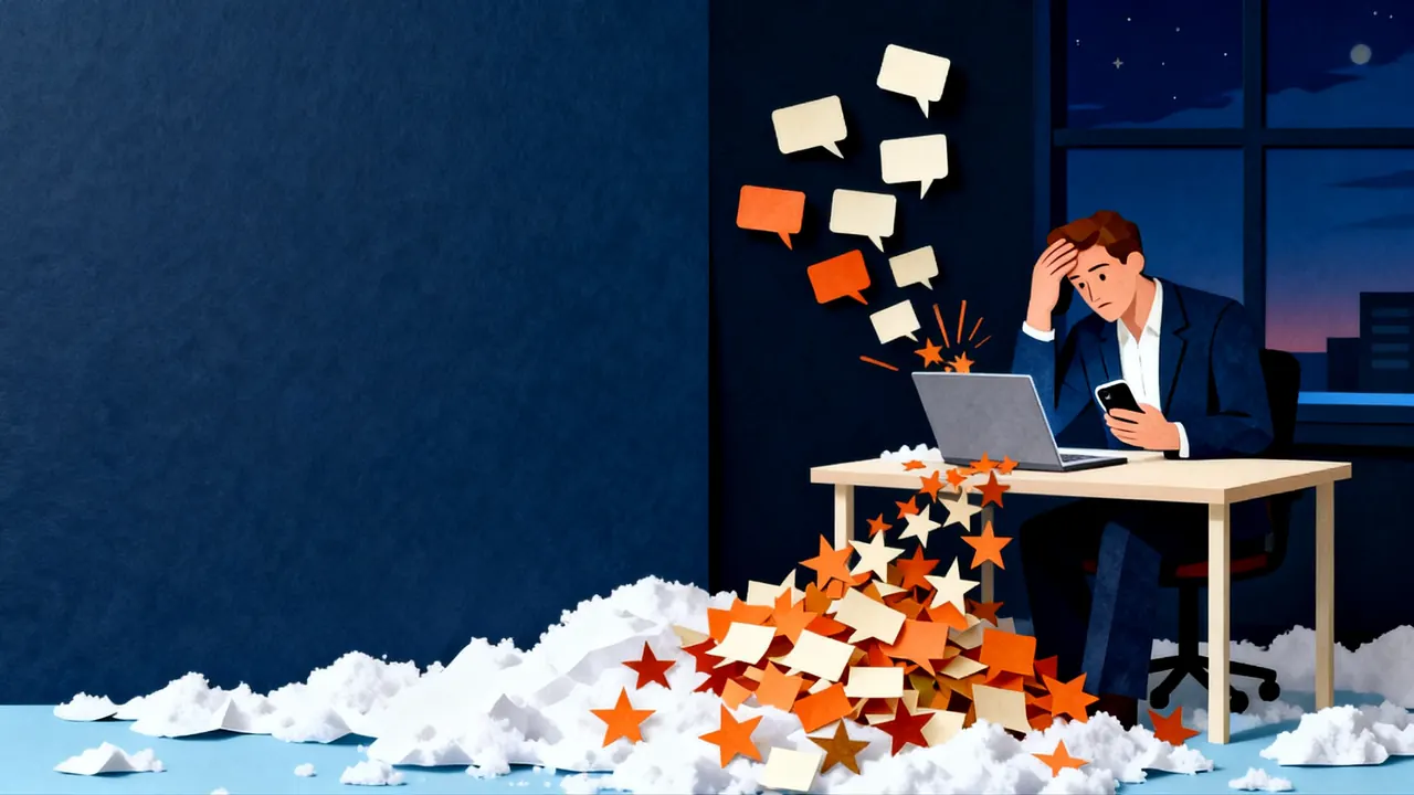 A tired district manager at his desk at night holds his head in one hand and his phone in the other, while paper stars and speech bubbles pour out of his laptop into a pile on the floor.