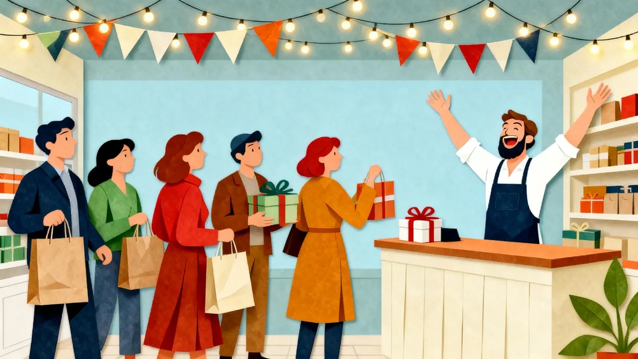 A tiny neighborhood shop packed with happy shoppers holding gifts, the owner behind the counter with his arms up in delight.