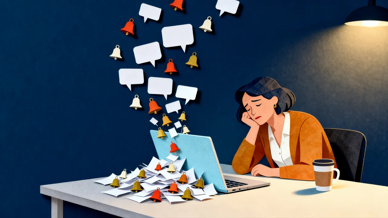 A tired marketing manager rests her cheek on her fist at her desk in the evening while paper bells and blank speech bubbles pour out of her laptop and pile up beside it.