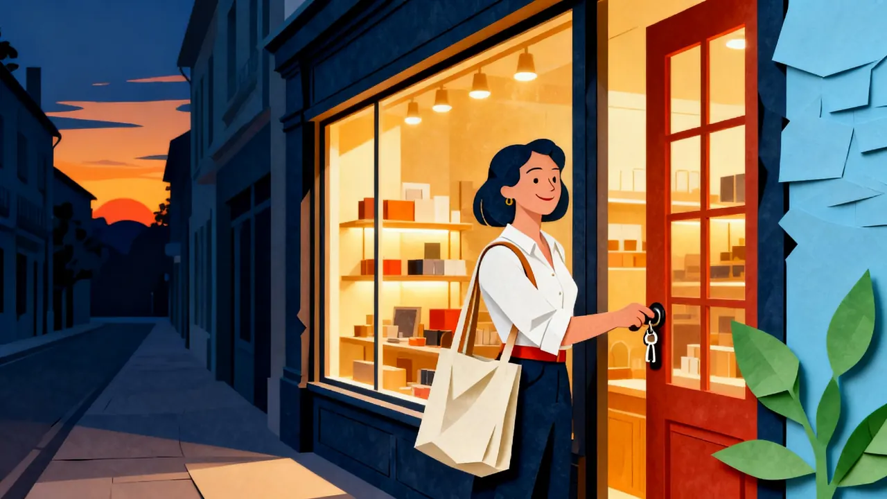 A store manager locks her shop door at dusk and smiles as she heads home, the shop window glowing behind her.