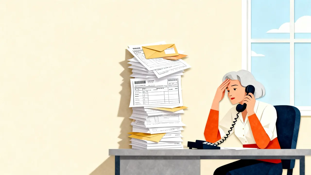 An office manager on the phone presses a hand to her forehead next to a tall, leaning stack of invoices and envelopes on her desk.